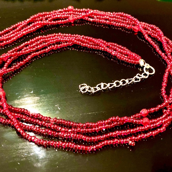 3/$32 VTG 80s Boho Cherry Red 4 Strand Glass Seed Beaded Necklace/Silver Clasp - Picture 3 of 9